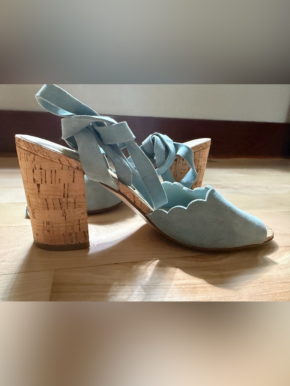 Marc Fisher Light Blue Suede Scalloped Cork Block Heel Sandals